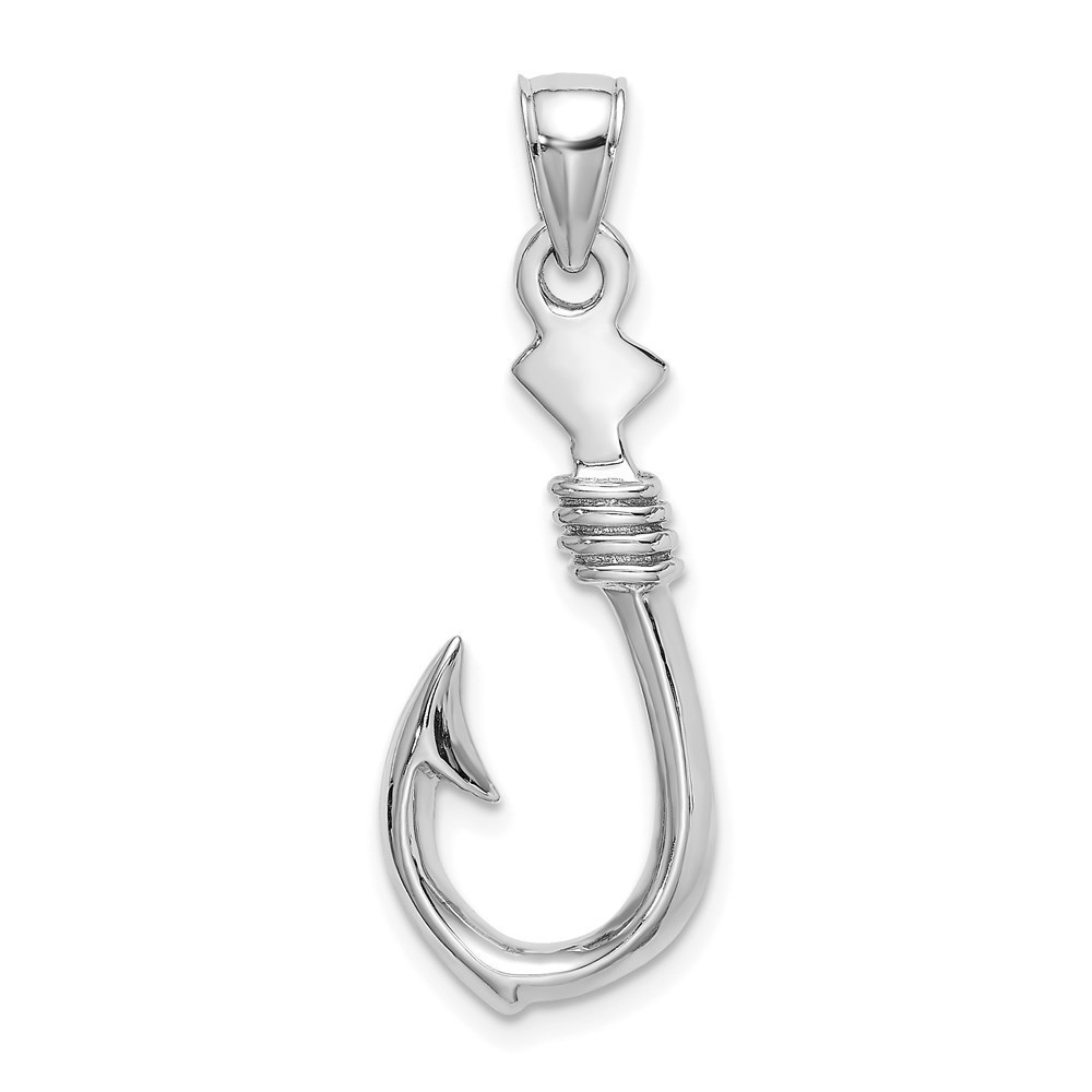 14K White Gold 3-D Large Fish Hook with Rope Necklace Charm Pendant